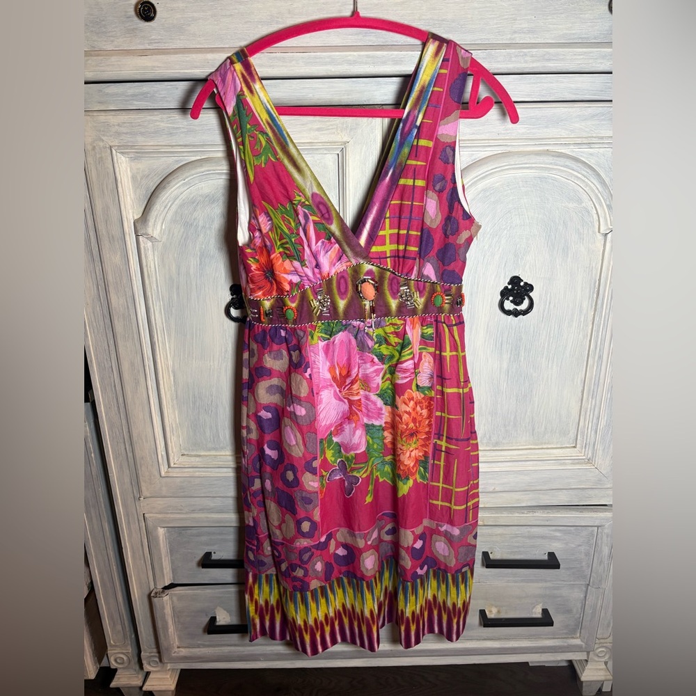 Forla Paris Y2K Pink‎ Babydoll Patchwork Embellished Boho Chic Dress Art To Wear